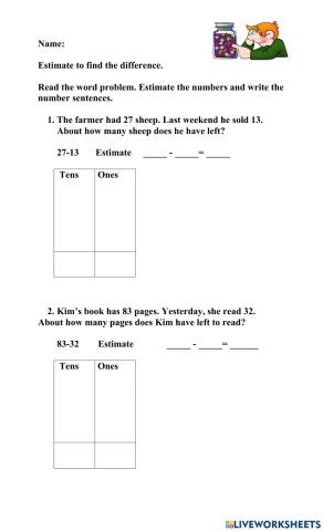 Estimate to find the difference Word Problems