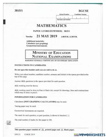 2019 BGCSE Mathematics Paper 1 pt 1