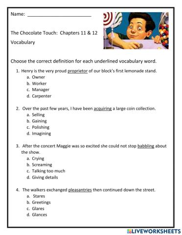 The Chocolate Touch:  Chapters 11 & 12 VOCABULARY