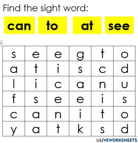 Sight Word Search SEE CAN TO AT