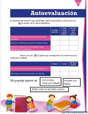 AUTOEVALUACIÓN PÁG 107 LIBRO ESPAÑOL SEP 4o