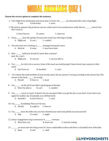 Modal auxiliar verbs quiz