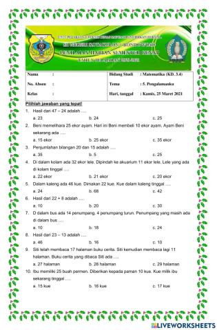 Ulangan Harian Matematika Tema 5 KD.3.4