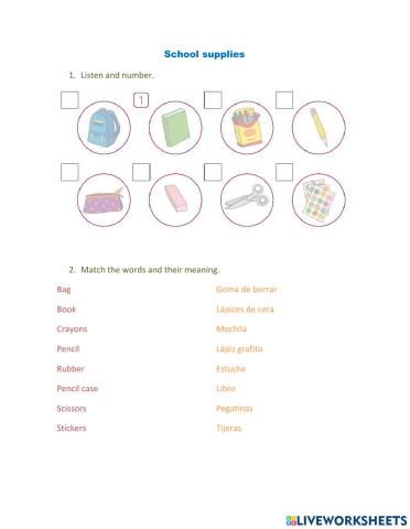 School supplies Worksheet