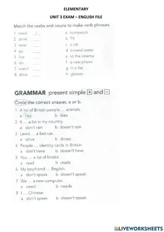 Unit 3 exam English File. Elementary