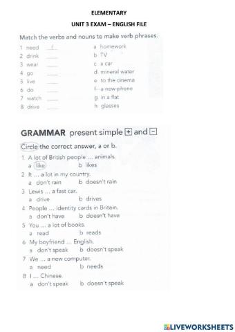 Unit 3 exam English File. Elementary