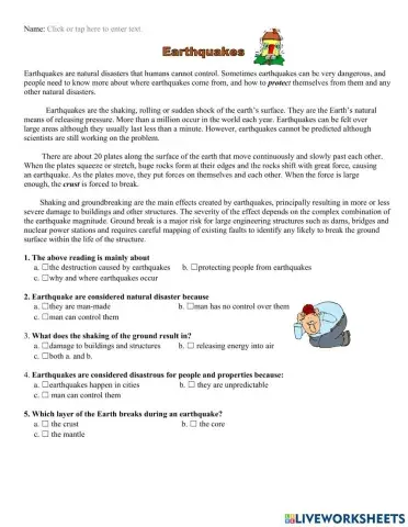Earthquakes Reading Comprehension Questions