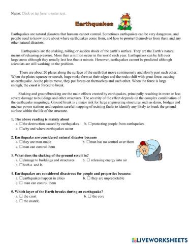 Earthquakes Reading Comprehension Questions