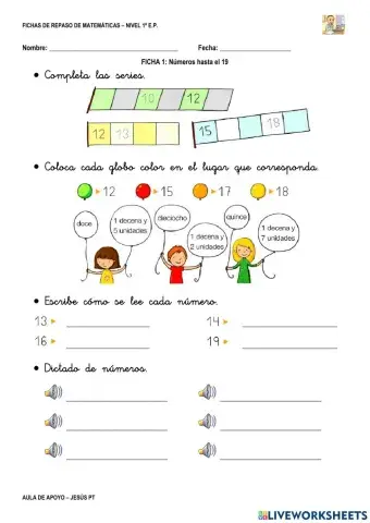 Ficha Matemáticas 1-1EP-Números hasta 19