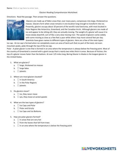 Glaciers Reading Comprehension Worksheet