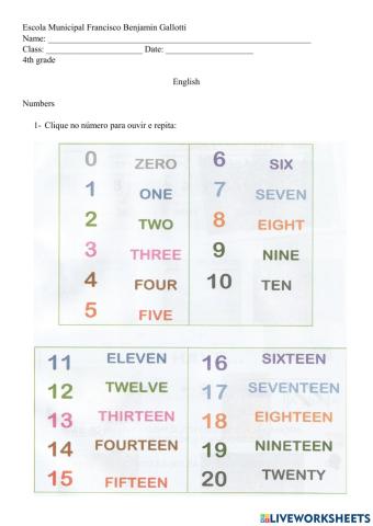 Numbers 0-20