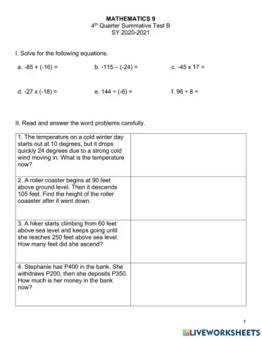 Math 9 4th Qtr Summative Test B
