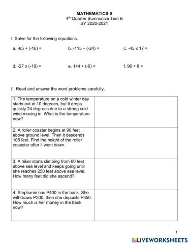 Math 9 4th Qtr Summative Test B