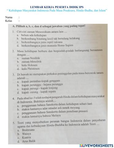 LKPD IPS -Masyarakat Indonesia pada Masa Praaksara, HIndu-Budha, dan Islam-
