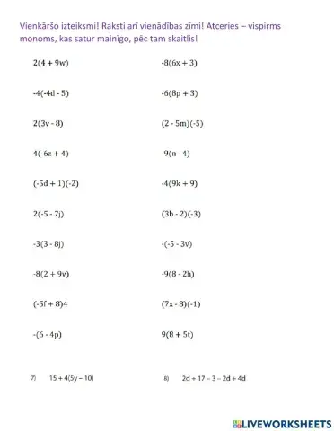 Algebriskas izteiksmes vienkāršošana, iekavu atvēršana