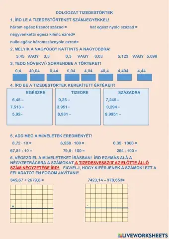 Tizedestörtek dolgozat