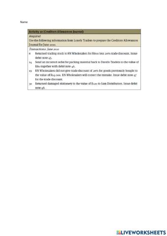 Creditors allowance journal