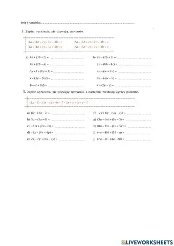 Karta pracy Dodawanie i odejmowanie wyrażeń algebraicznych
