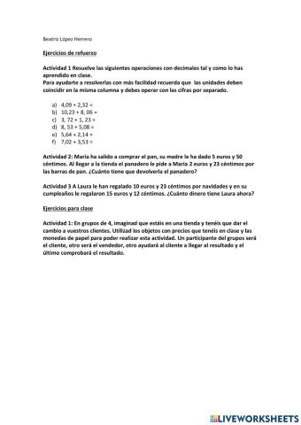 Actividades números decimales
