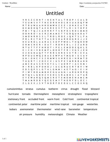 7th Grade Weather Vocabulary Crossword