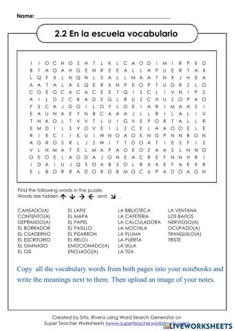 2.2 En la escuela vocabulario word find-notes