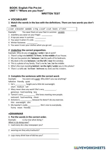 English File Pre Intermediate Test unit 1