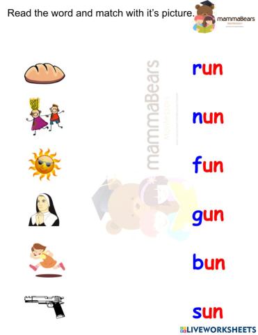 Short u 3 letter words matching worksheet