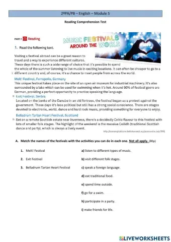 Reading comprehension Test - Music Festivals
