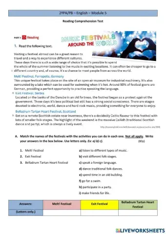 Reading comprehension Test Music Festivals