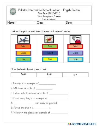 Science states of matter live worksheet