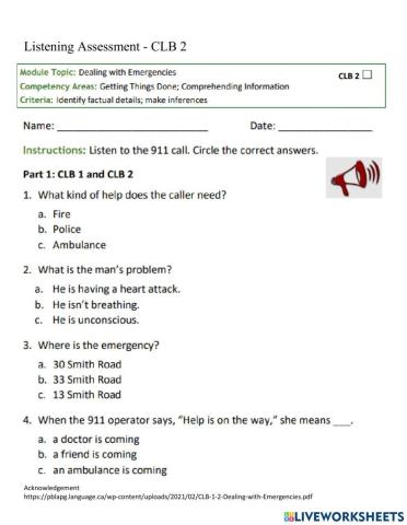 Listening Assessment - Emergencies 