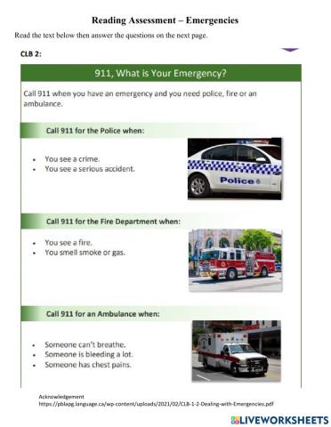 Reading Assessment - Emergencies