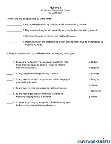 Filipino 9 4th Qtr Summative Test A