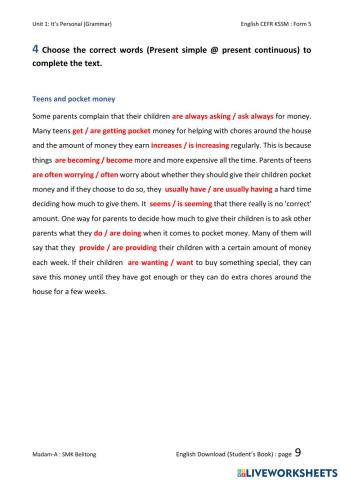 English CEFR Form 5 Unit 1: Page 9-task 4(Grammar)
