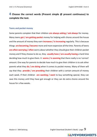 English CEFR Form 5 Unit 1: Page 9-task 4(Grammar)