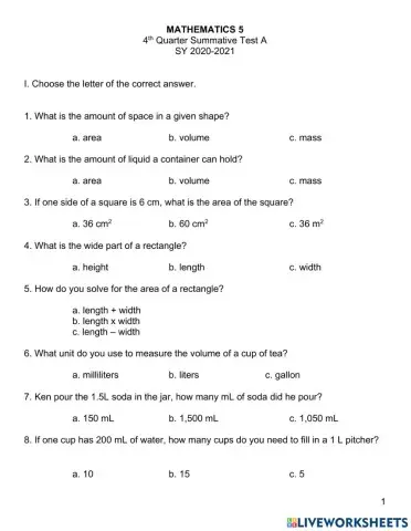 Math 5 4th Qtr Summative Test A