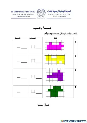 المساحة والمحيط للمضلعات للصف الثاني