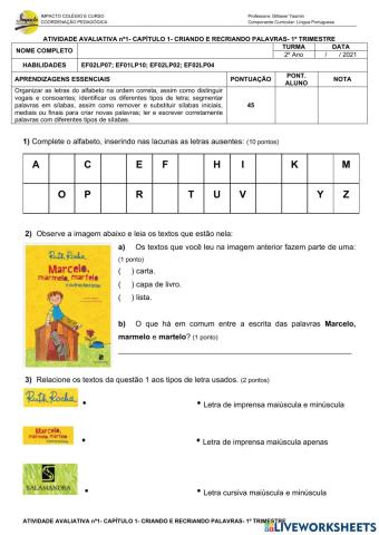 Atividade avaliativa de Língua Portuguesa nº1