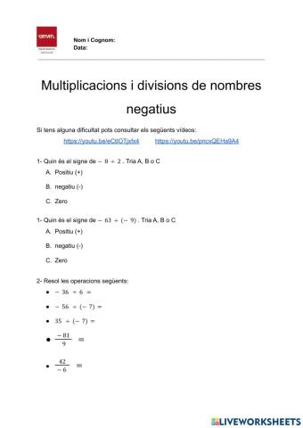 Multiplicació i divisió de nombres negatius