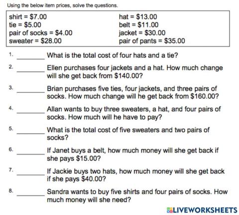 Money Math - Shopping