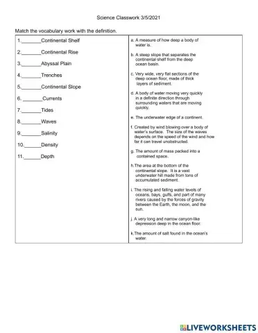 Science Classwork 3-5-2021 Oceans