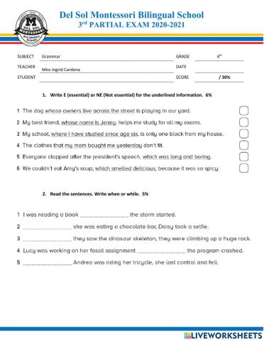Grammar Exam- 4th Grade