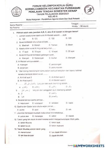 Soal PTS 2 PAI dan BP