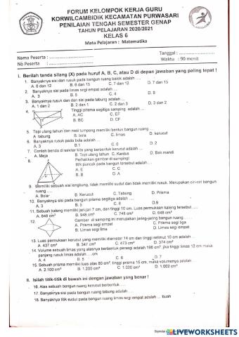 Soal PTS Matematika Semester 2 Kelas 6