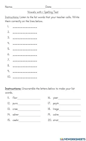 Vowels With R Spelling Test