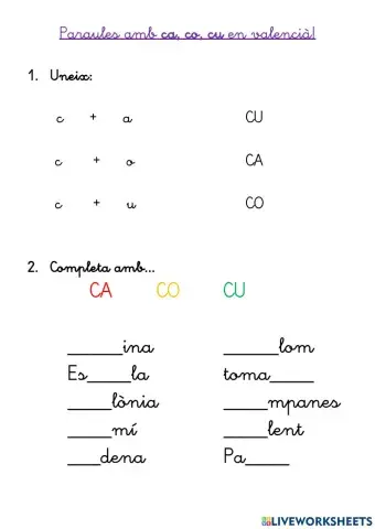 Paraules amb CA, CO, CU