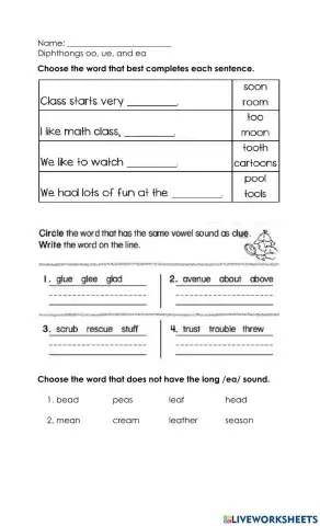 Diphthong oo, ue, and ea