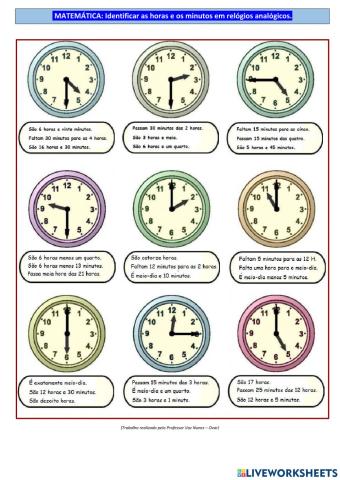 Horas e minutos em relógios analógicos.