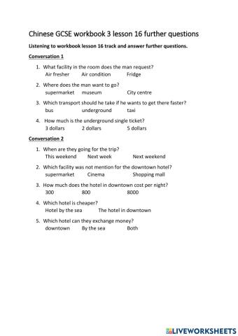 Chinese GCSE workbook 3 lesson 16