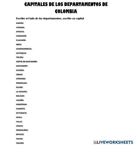 Escribe las capitales de los departamentos
